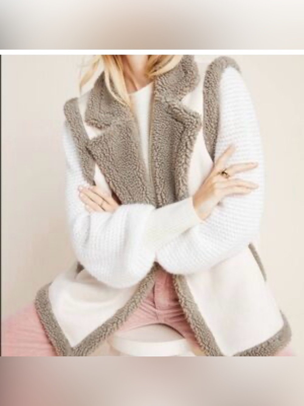 Anthropologie Akemi + Kin Cream Taupe Sherpa-Trim Open Front Vest Size O/S